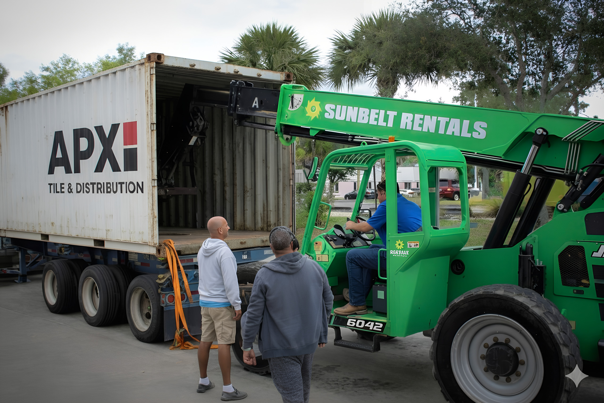 APX Tile & Distribution unloading a shipping container of porcelain tile